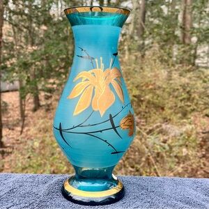 Vintage frosted blue vase, Bohemian, with painted gold lily design